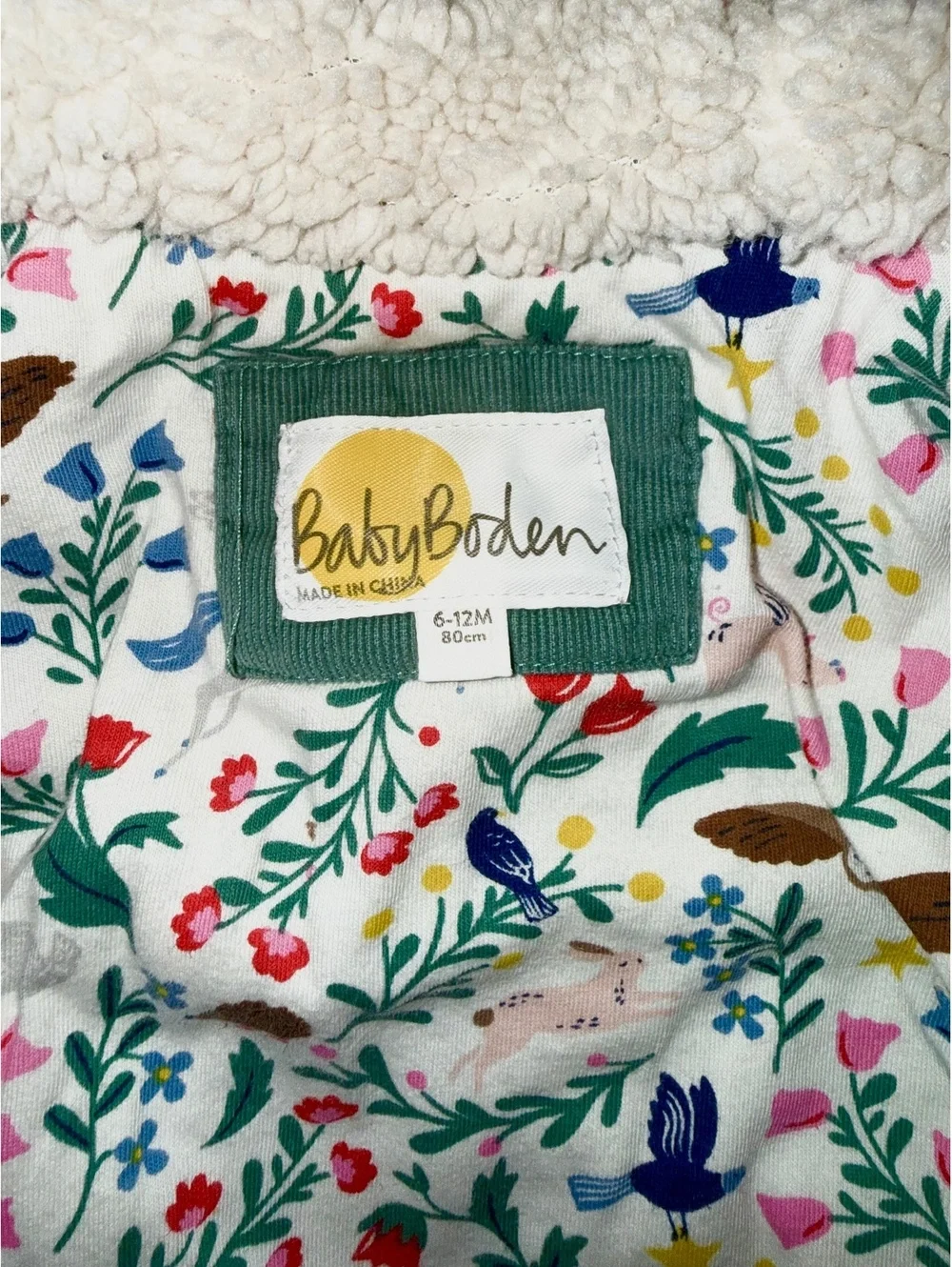 Baby Boden Green Hooded Jacket with Animal Print Lining Size 6-12 Months